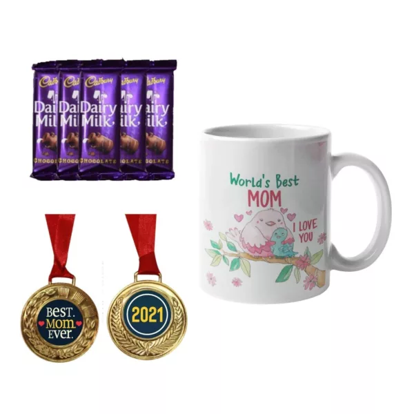 TheYaYaCafe Mothers Day Gifts, Coffee Mug with Coaster 10 Dairy milk Chocolates (7gm each), 1 Award Medal Combo - Best Mom