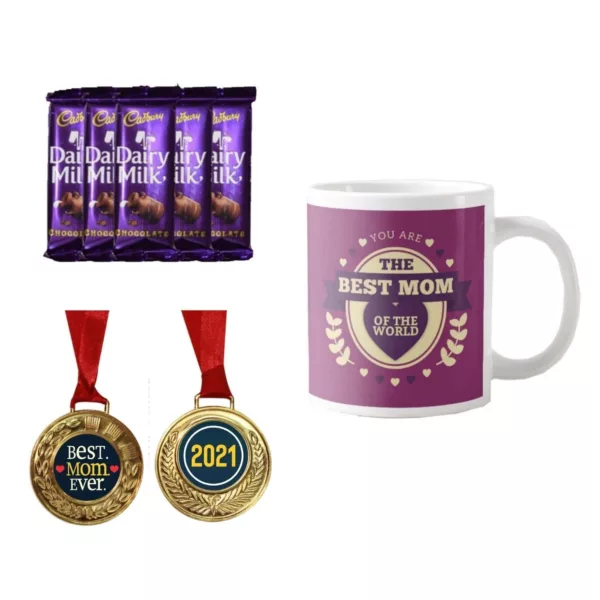 TheYaYaCafe Mothers Day Gifts, Coffee Mug with Coaster 10 Dairy milk Chocolates (7gm each), 1 Award Medal Combo - Best Mom