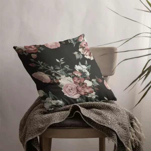 TheYaYaCafe Cotton Floral Printed Cushion Cover (Black, 12x12-inch)