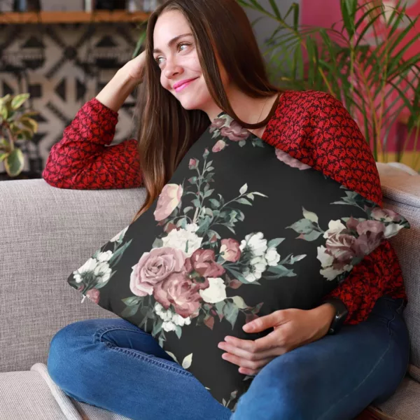 TheYaYaCafe Cotton Floral Printed Cushion Cover (Black, 12x12-inch)