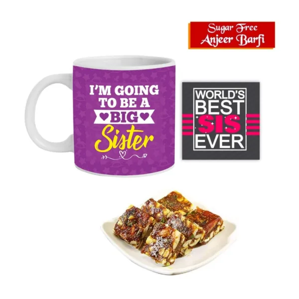 I Am Going to Be Big Sister Hamper Set of 3 - Mug, Coaster, Anjeer Burfi - 1 Kg
