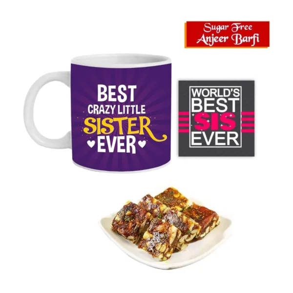 Rakhi Sweets Gift Combo for Sister, Best Crazy Little Sister Ever Hamper Set of 3 - Mug, Coaster, Anjeer Burfi - 1 Kg