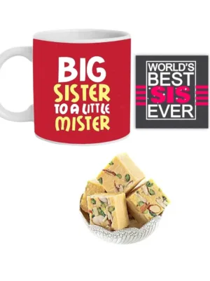 Big Sister To A Little Mister Hamper Set of 3 - Mug, Coaster, Badam Patisa - 1 Kg