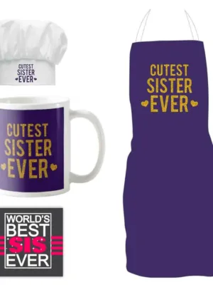 Birthday Bhaidooj Gift Combo for Sister - Cutest Sister Ever Gift Hamper Set of 4 - Apron, Chef Hat, Mug, Coaster