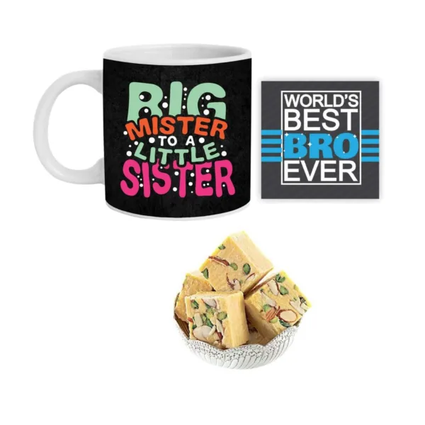 Big Mister to A Little Sister Hamper Set of 4 - Mug, Coaster, Badam Patisa - 1 Kg