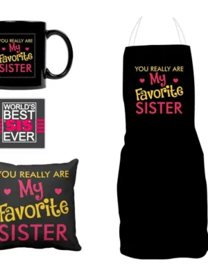 Birthday Bhaidooj Gift Combo for Sister - Favourite Sister Gift Hamper Set of 4 - Apron, Mug, Cushion Cover, Coaster