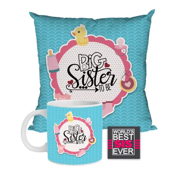 Big Sister to Be  Cover Combo Hamper, Blue, Set of 3  Ceramic Mug 330ml, Coaster, Cushion