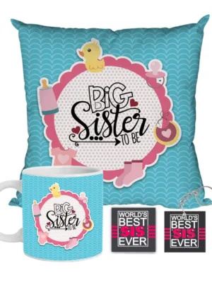 Big Sister to Be  Cover Combo Hamper, Blue, Set of 3  Ceramic Mug 330ml, Coaster, Cushion