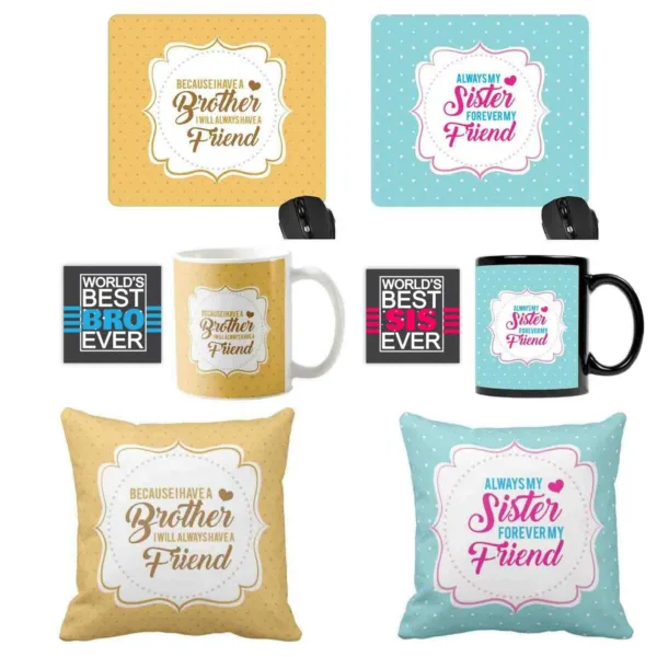 Forever Friend Brother Sister Hamper Set of 4 - Mousepad, Cushion Cover, Sipper Bottle