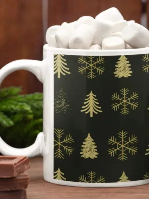 Snowflakes & Xmas Tree Christmas Coffee Mug with Coaster