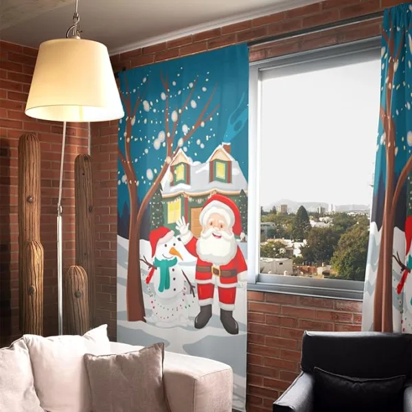 Santa Snowman Together Christmas Curtain