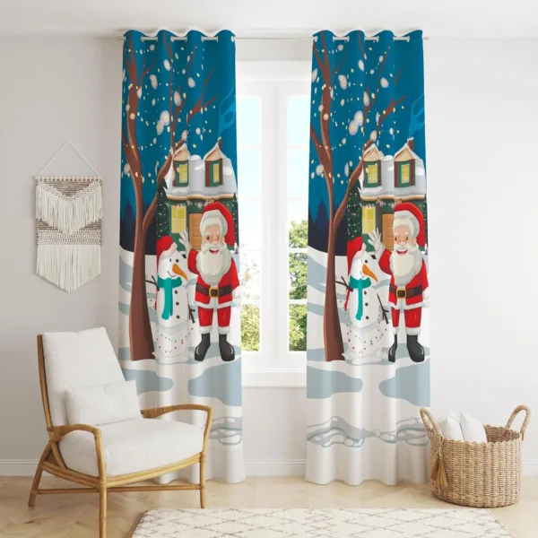 Santa Snowman Together Christmas Curtain