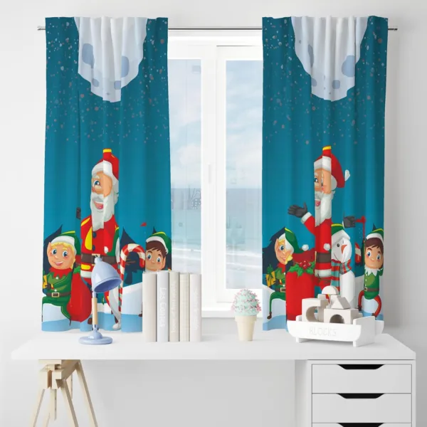 Santa with Snowman Christmas Curtain