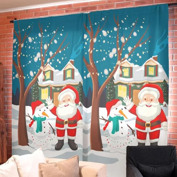 Santa Snowman Together Christmas Curtain