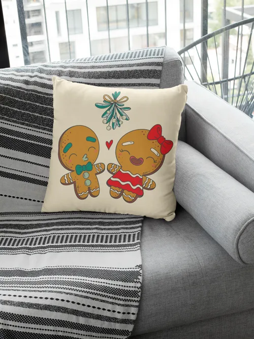 Cute Couple Gingerbread Design Christmas Cushion Cover