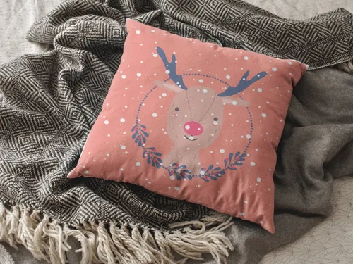 Orange Reindeer Design Christmas Cushion