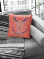 Orange Reindeer Design Christmas Cushion