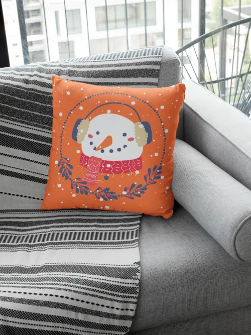 Orange Snowman Design Christmas Cushion