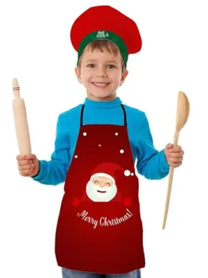 Christmas Kids Apron With Hat Printed Cute Santa Face