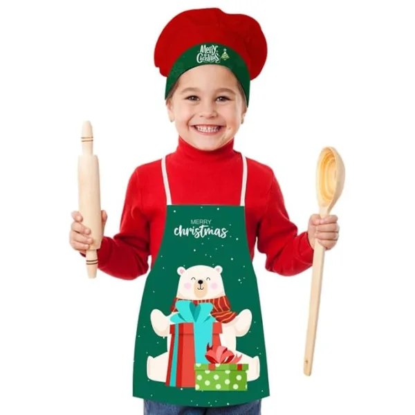 Christmas Kids Apron With Hat Printed Cute Bear With Gifts