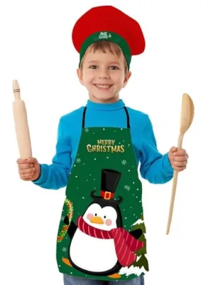 Christmas Kids Apron With Hat Printed Cute Penguin