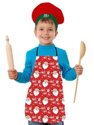 Christmas Kids Apron With Hat Printed Ho Ho Santa Pattern