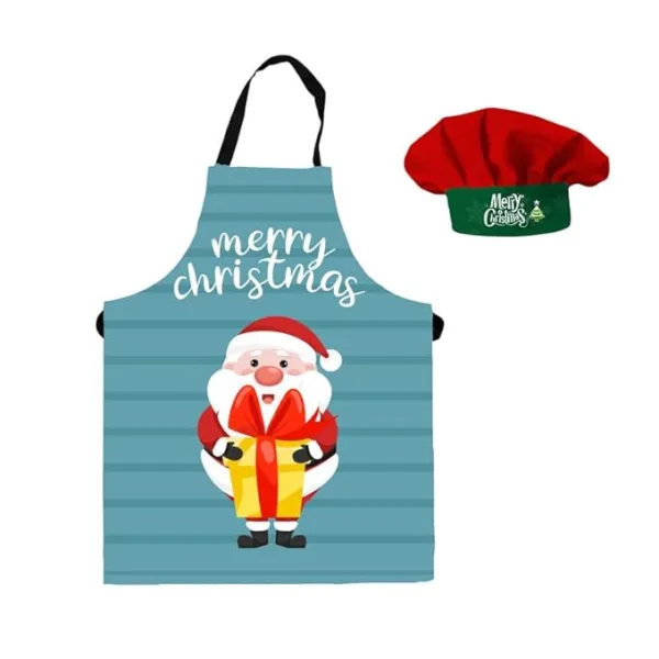 Christmas Kids Apron With Hat Printed Santa clause Holding Gifts