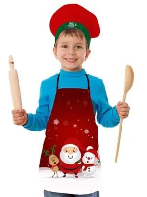 Christmas Kids Apron With Hat Printed Santa With Snowman And Deer