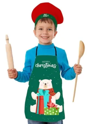 Christmas Kids Apron With Hat Printed Cute Bear With Gifts