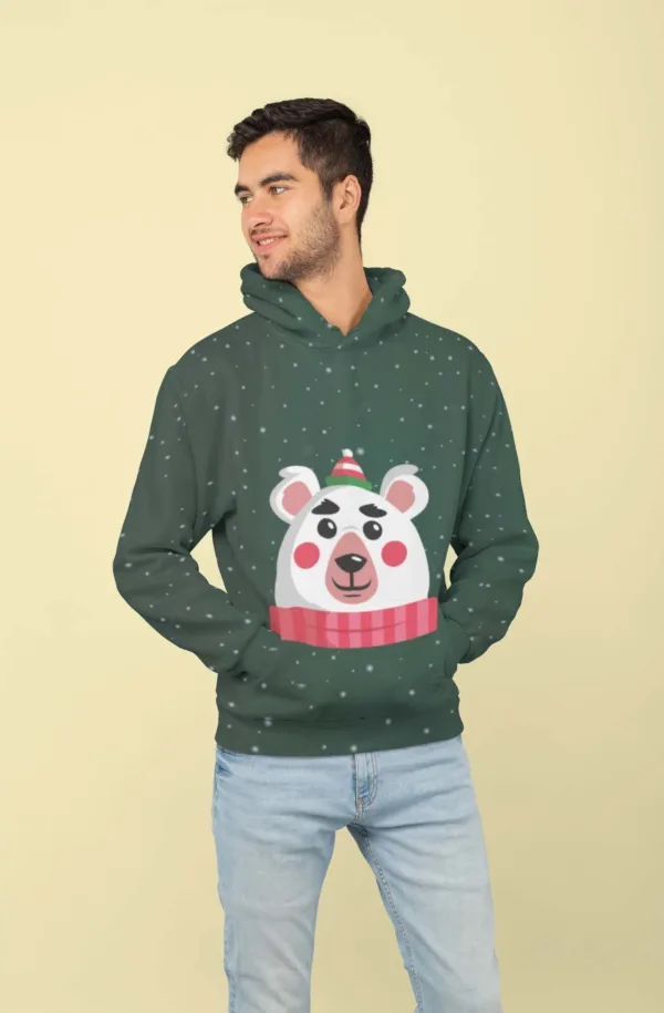 Green Bear Face All Over Printed Christmas Adult Hoodie