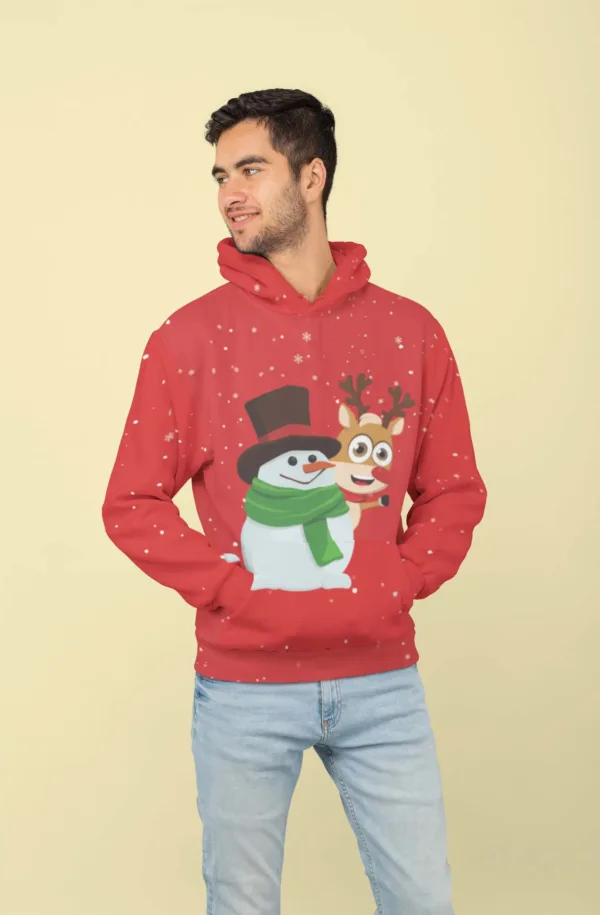 Red Reindeer Snowman Christmas Adult Hoodie