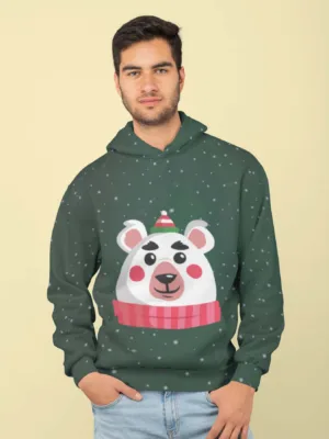 Green Bear Face All Over Printed Christmas Adult Hoodie