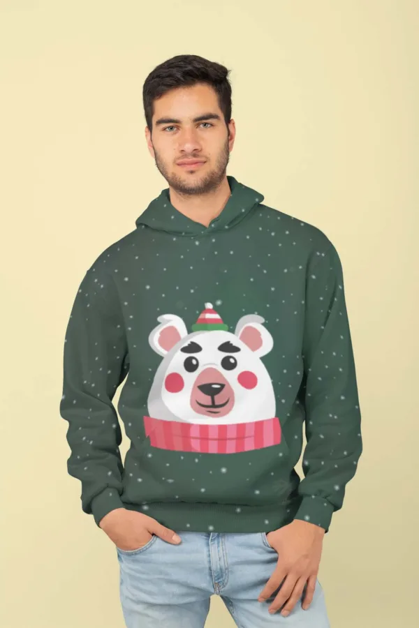 Green Bear Face All Over Printed Christmas Adult Hoodie