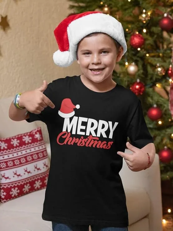 Santa Cap Merry Christmas Printed T-Shirt for Kids