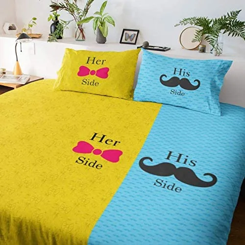 His Her Side Love Couple Double Bedsheet with 2 Pillow Covers