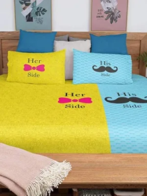 His Her Side Love Couple Double Bedsheet with 2 Pillow Covers