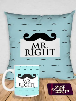 Valentine Gift Hamper Coffee Mug Mr. Right & Cushion Cover