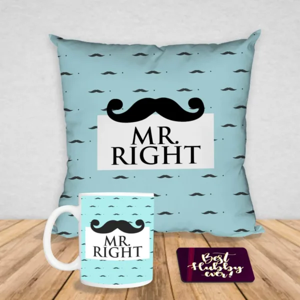 Valentine Gift Hamper Coffee Mug Mr. Right & Cushion Cover