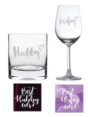 Hubby Wifey Wine and Whiskey Glasses Set of 2 With Coaster