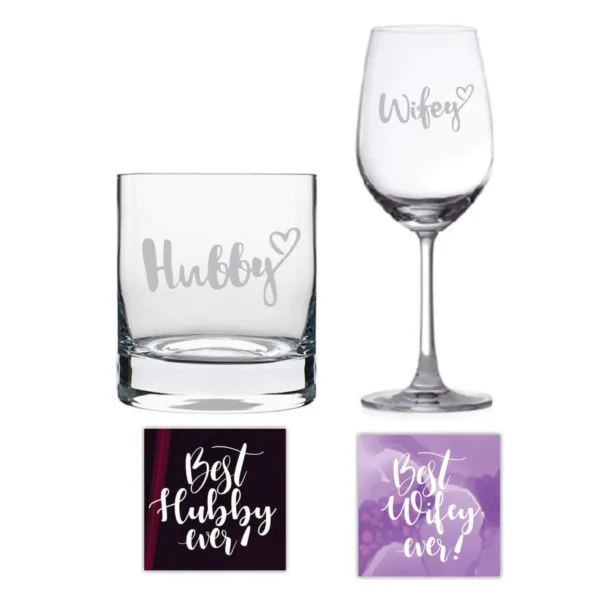 Hubby Wifey Wine and Whiskey Glasses Set of 2 With Coaster