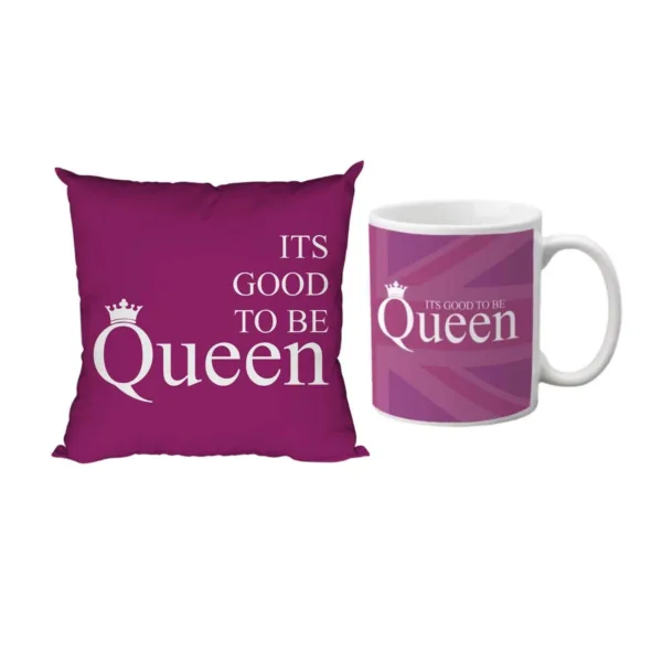 Valentine Gift hamper Coffee Mug It's Good To Be Queen & Cushion