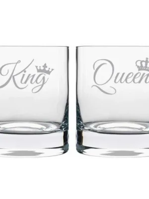 King Queen Couple Whiskey Glasses Set of 2 with Coasters