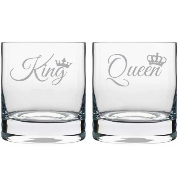 King Queen Couple Whiskey Glasses Set of 2 with Coasters