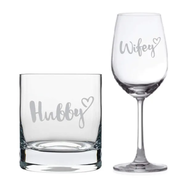 Hubby Wifey Wine and Whiskey Glasses Set of 2 With Coaster