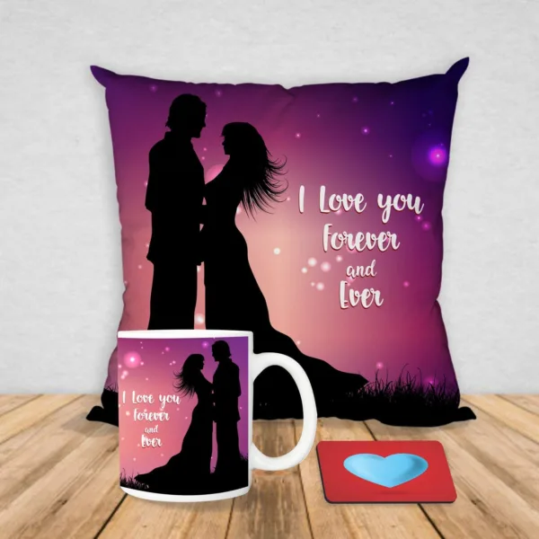 Valentine Gift for Girlfriend Combo I Love You Forever and Ever Printed Mug, Coaster and Cushion Cover