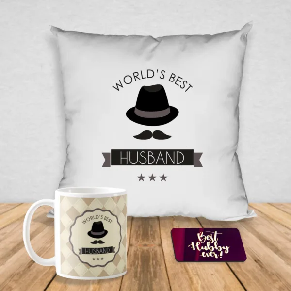 Valentine Gift World's Best Husband Cushion, Mug & Coaster Hamper