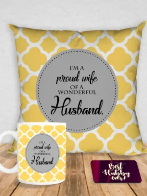 Valentine Gift Hamper Coffee Mug Proud Husband of Wonderful Wife & Cushion