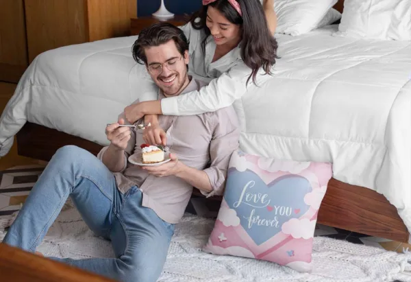 Valentine Gift Love You Forever Printed Pink Cushion Cover For Couples