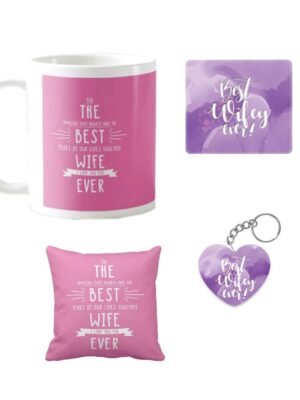 Birthday Gifts for Wife Special, Best Wife Love You Forever Coffee Mugs for Wife Gift Combo Hamper Set of 4 with Mug, Cushion Cover, Coaster