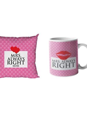 Yaya Cafe Valentines Day Gift for Wife Mrs Always Right Printed Ceramic Coffee Mug 325 ml with Cotton Cushion Covers 12 x 12 inches